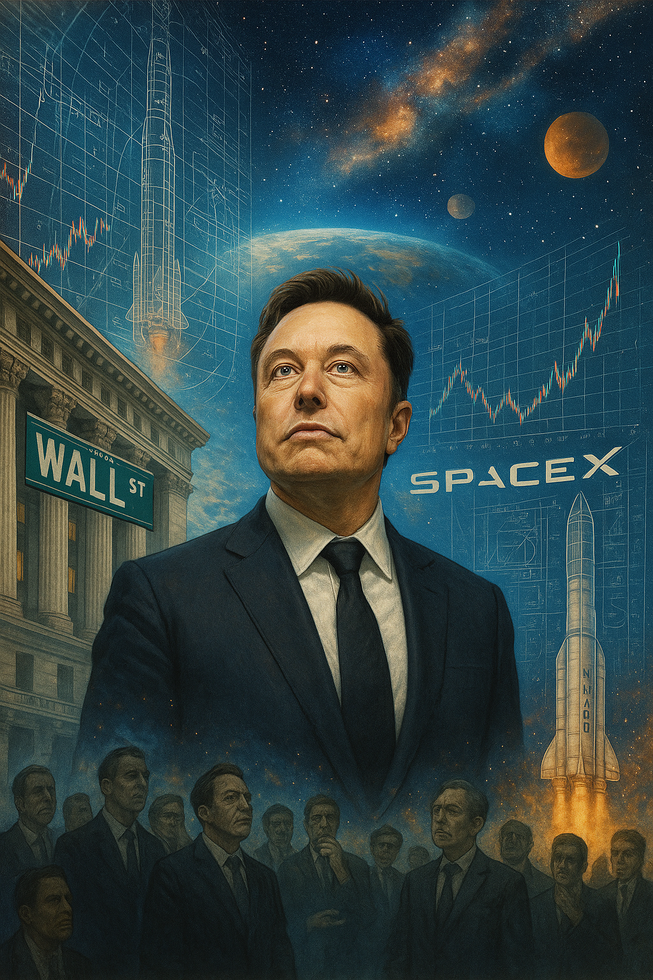 Business executive with rockets and Wall Street backdrop