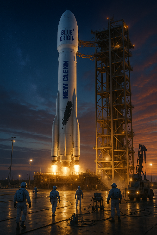 Blue Origin New Glenn rocket at dusk launchpad